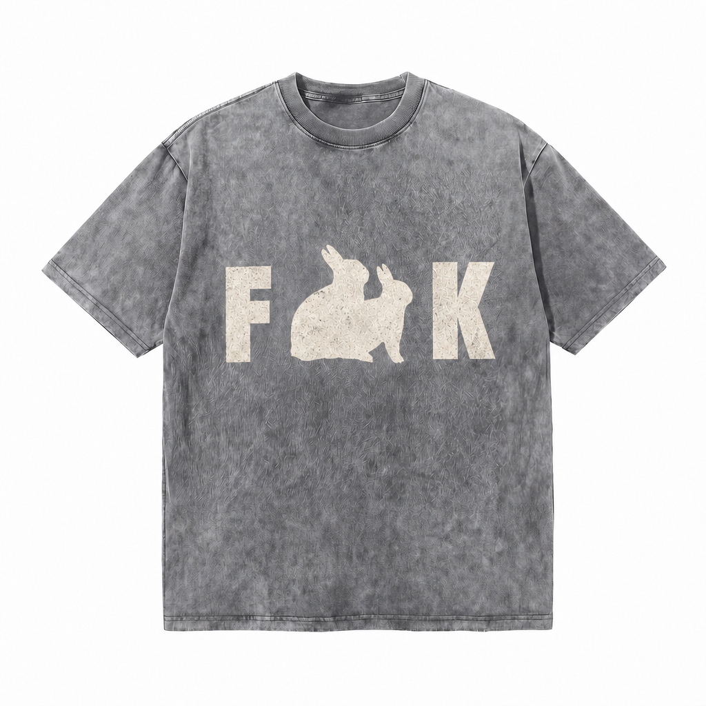 LAWLESSROW F & K Two Rabbit Silhouette Hidden Slogan Vintage Washed Tee
