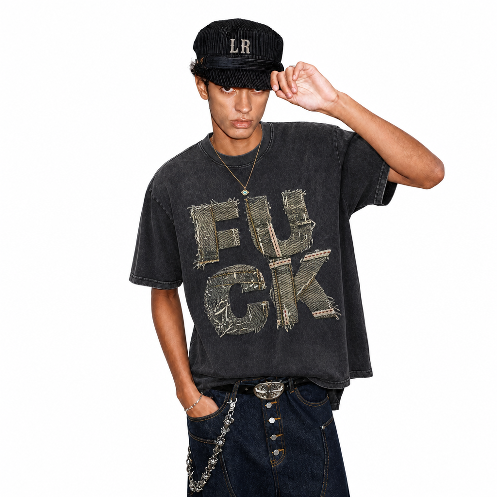 LAWLESS ROW Frayed Burlap Patch Typography Graphic Tee - Unisex Oversized Heavyweight Acid Wash T-Shirt