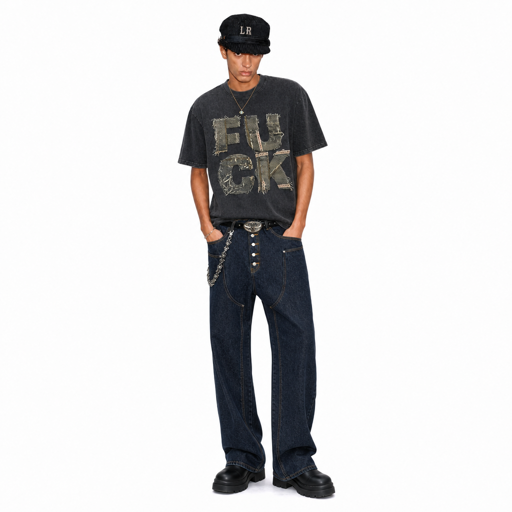 LAWLESS ROW Frayed Burlap Patch Typography Graphic Tee - Unisex Oversized Heavyweight Acid Wash T-Shirt