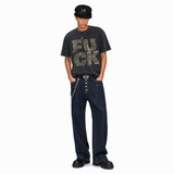 LAWLESS ROW Frayed Burlap Patch Typography Graphic Tee - Unisex Oversized Heavyweight Acid Wash T-Shirt