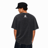 LAWLESS ROW Frayed Burlap Patch Typography Graphic Tee - Unisex Oversized Heavyweight Acid Wash T-Shirt