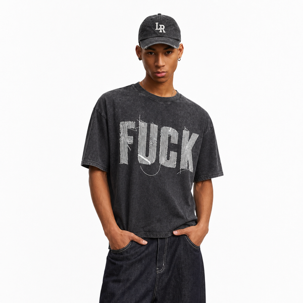 LAWLESS ROW Frayed Burlap Patch Typography Graphic Tee - Unisex Oversized Heavyweight Acid Wash T-Shirt - hover