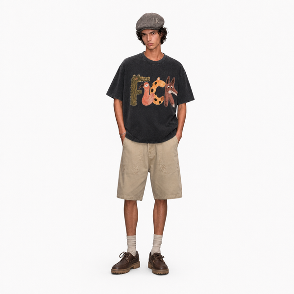 LAWLESS ROW Whimsical Animal Alphabet Typography Graphic Tee - Unisex Oversized Heavyweight Acid Wash T-Shirt - hover