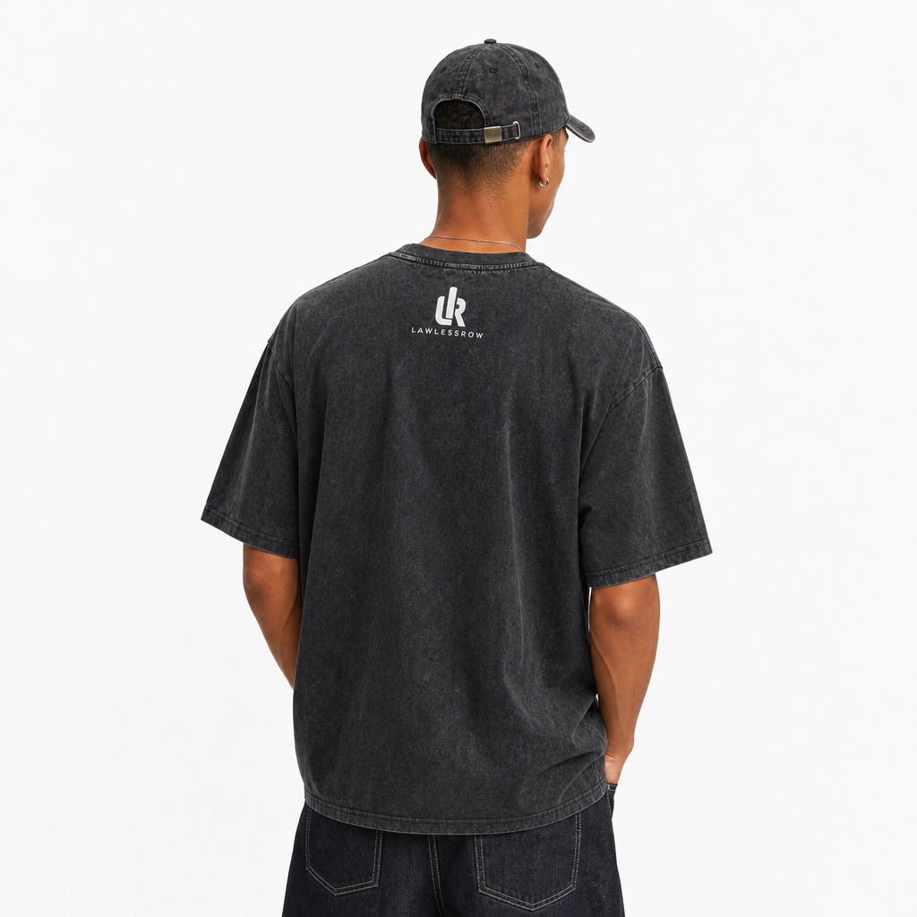 LAWLESS ROW Frayed Burlap Patch Typography Graphic Tee - Unisex Oversized Heavyweight Acid Wash T-Shirt