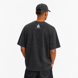LAWLESS ROW Frayed Burlap Patch Typography Graphic Tee - Unisex Oversized Heavyweight Acid Wash T-Shirt