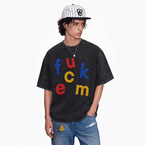 LAWLESS ROW Fuck Em Color Block Typography Vintage Washed Tee - hover