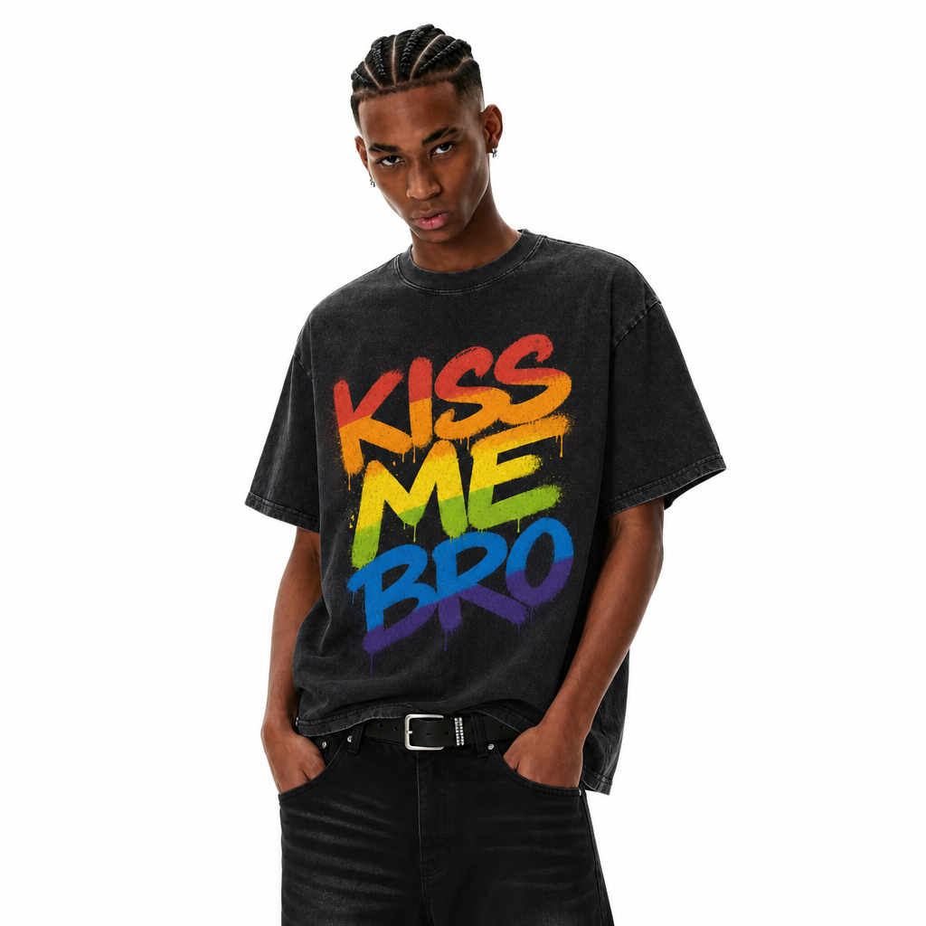 LAWLESS ROW Kiss Me Bro Rainbow Spray Vintage Washed Tee