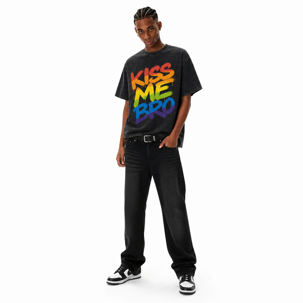 LAWLESS ROW Kiss Me Bro Rainbow Spray Vintage Washed Tee