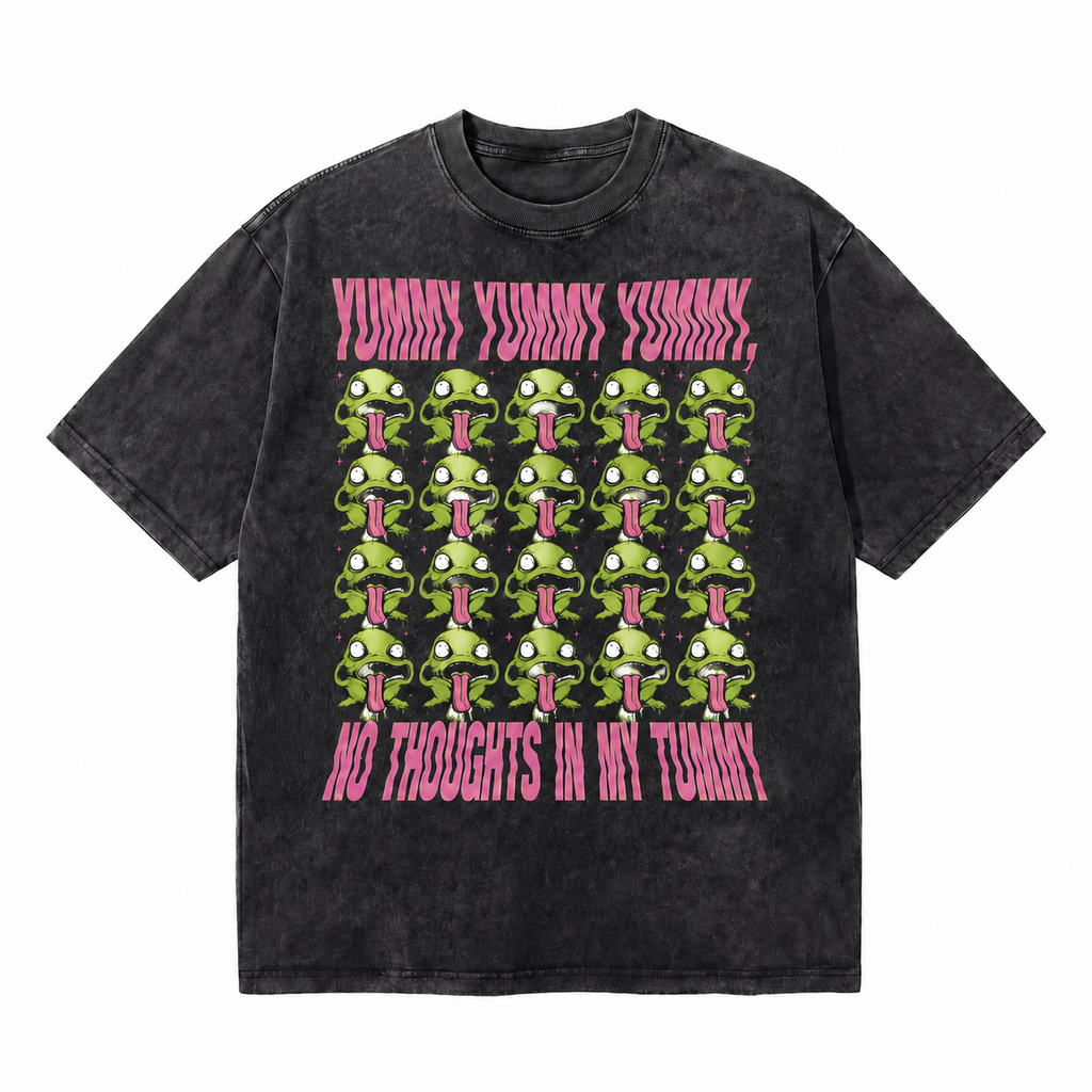 LAWLESSROW Yummy Yummy Yummy No Thoughts In My Tummy Frog Vintage Acid Wash Tee