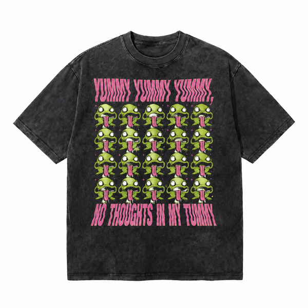 LAWLESSROW Yummy Yummy Yummy No Thoughts In My Tummy Frog Vintage Acid Wash Tee
