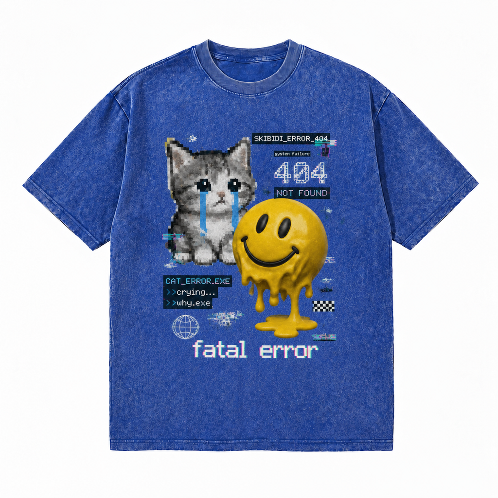 LAWLESSROW Fatal Error 404 Crying Cat Melting Smiley Vintage Acid Wash Tee