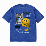 LAWLESSROW Fatal Error 404 Crying Cat Melting Smiley Vintage Acid Wash Tee