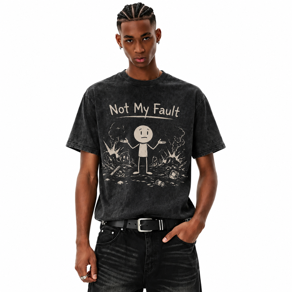 LAWLESSROW Not My Fault Stick Figure Vintage Acid Wash Tee