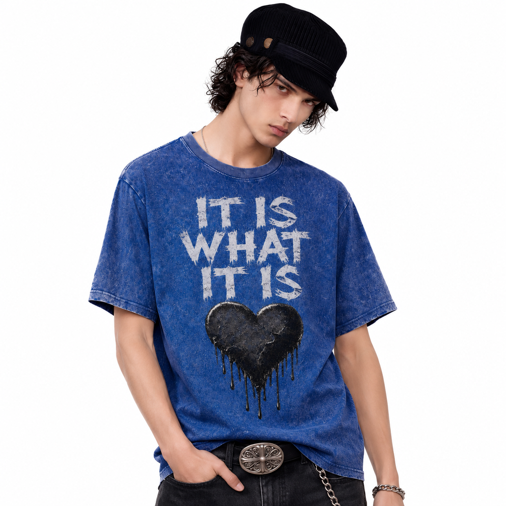 LAWLESSROW It Is What It Is Dripping Black Heart Vintage Acid Wash Tee