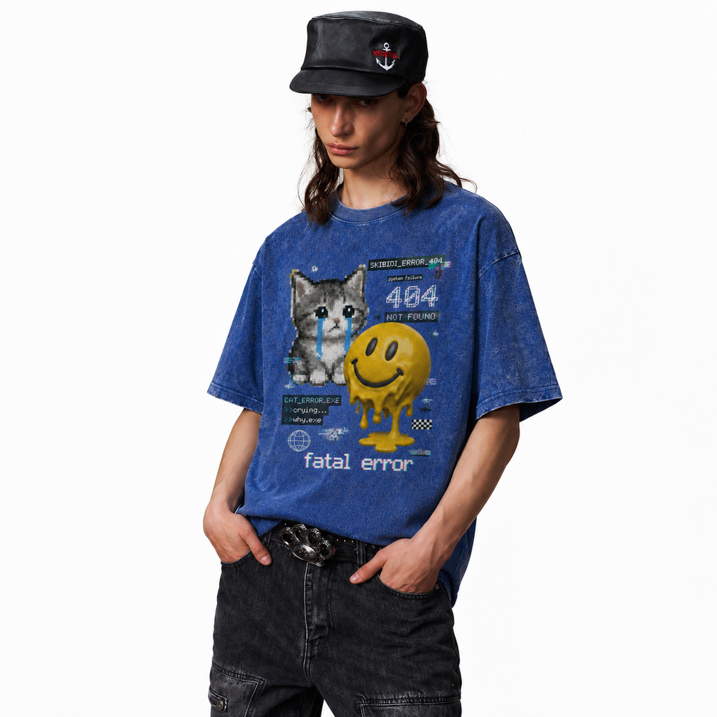 LAWLESSROW Fatal Error 404 Crying Cat Melting Smiley Vintage Acid Wash Tee