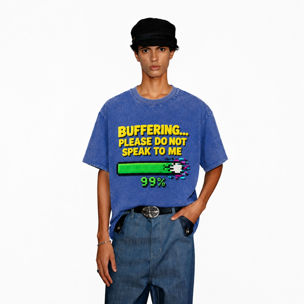 LAWLESSROW Buffering Please Do Not Speak To Me 99% Loading Bar Vintage Acid Wash Tee