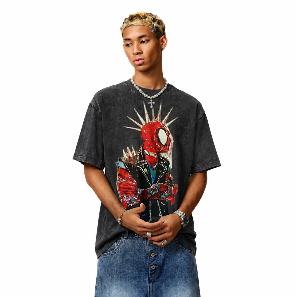 LAWLESSROW Punk Spider-Man Vintage Acid Wash Tee