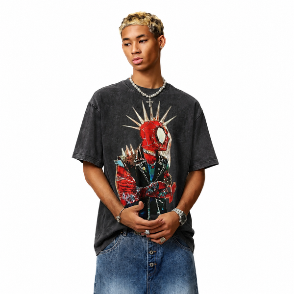 LAWLESSROW Punk Spider-Man Vintage Acid Wash Tee - hover
