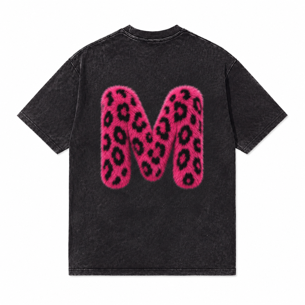 LAWLESSROW Pink Leopard Furry Letter S M Vintage Acid Wash Tee