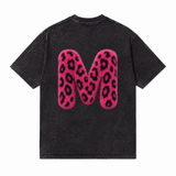 LAWLESSROW Pink Leopard Furry Letter S M Vintage Acid Wash Tee