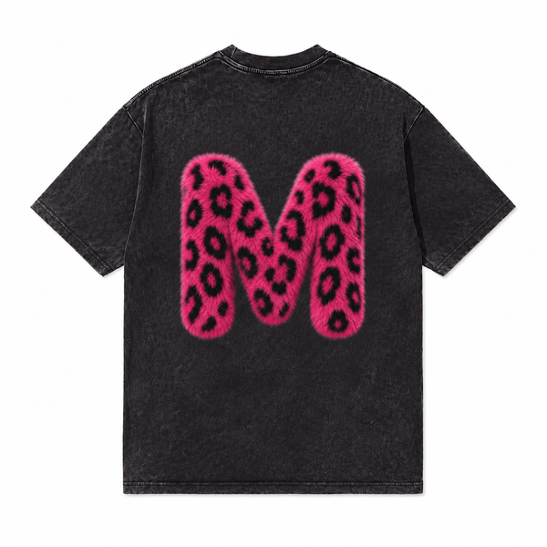 LAWLESSROW Pink Leopard Furry Letter S M Vintage Acid Wash Tee - hover