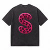LAWLESSROW Pink Leopard Furry Letter S M Vintage Acid Wash Tee
