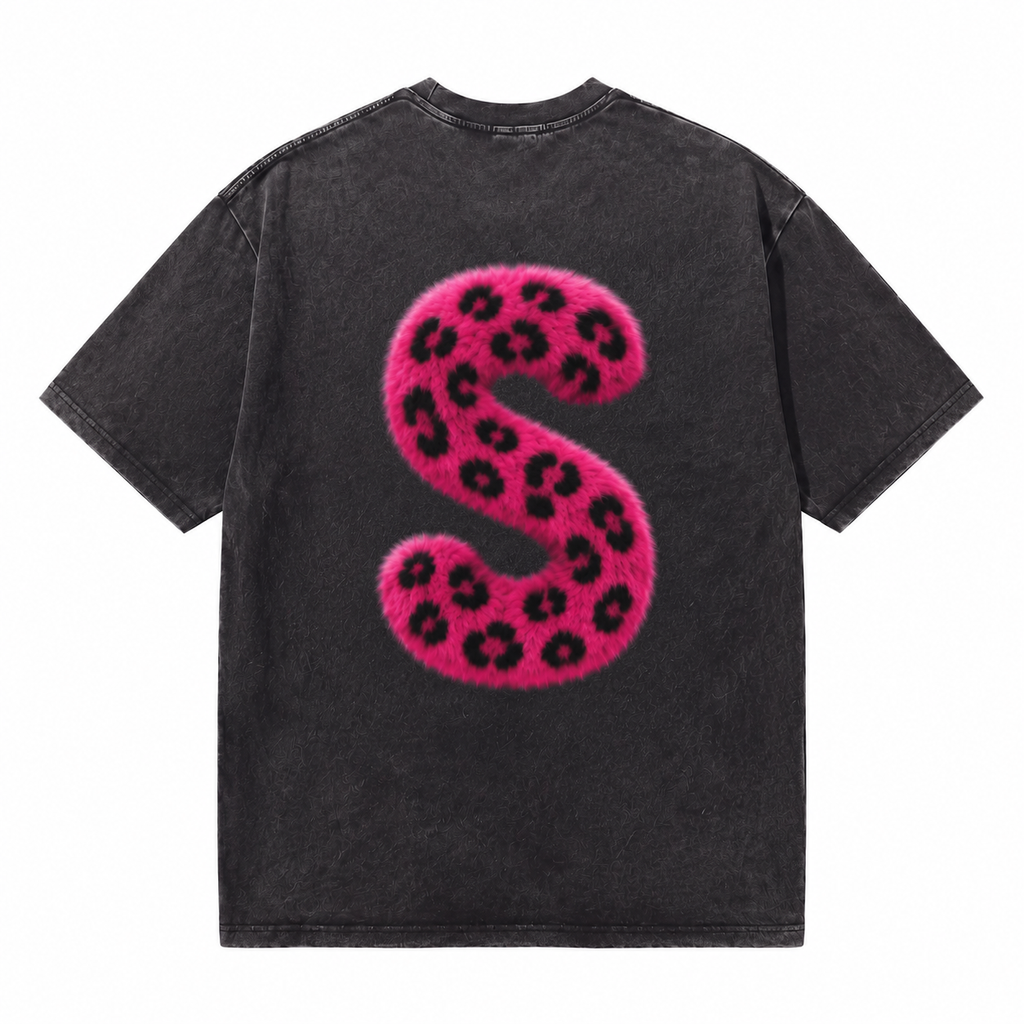 LAWLESSROW Pink Leopard Furry Letter S M Vintage Acid Wash Tee