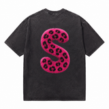 LAWLESSROW Pink Leopard Furry Letter S M Vintage Acid Wash Tee
