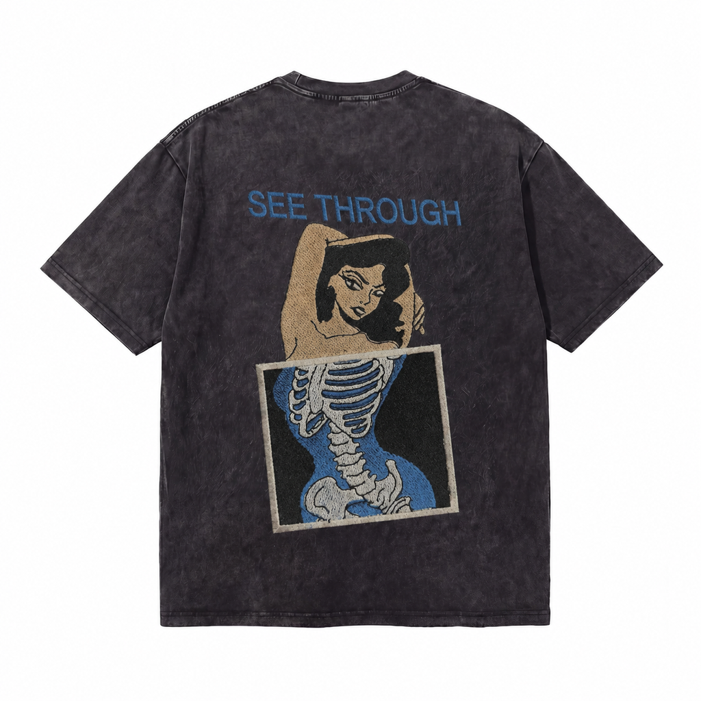 LAWLESSROW See Through Pinup Skeleton Embroidery Vintage Acid Wash Tee