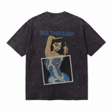 LAWLESSROW See Through Pinup Skeleton Embroidery Vintage Acid Wash Tee