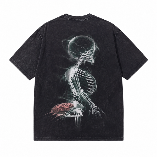 LAWLESSROW Misplaced Brain X-Ray Skeleton Vintage Acid Wash Tee