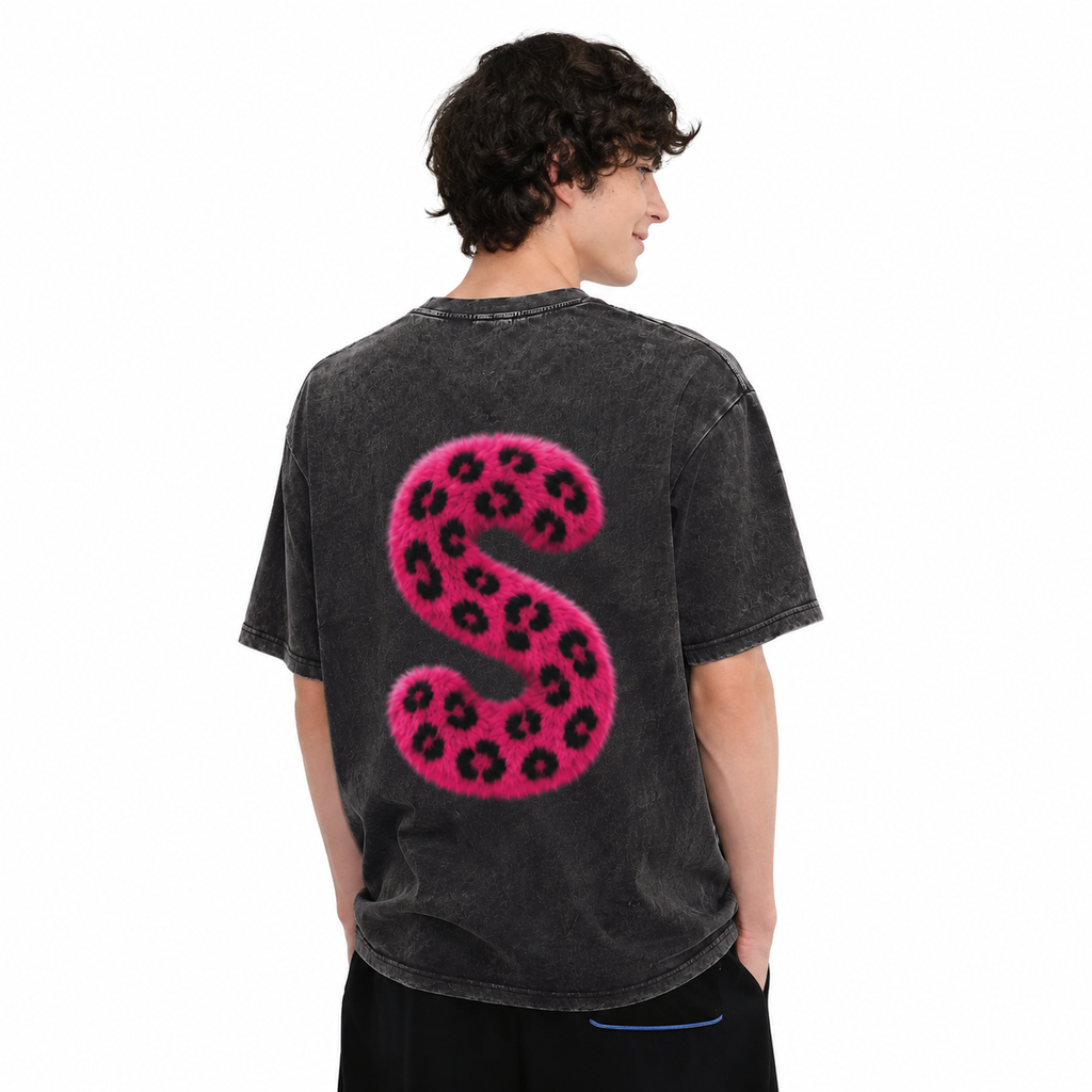 LAWLESSROW Pink Leopard Furry Letter S M Vintage Acid Wash Tee