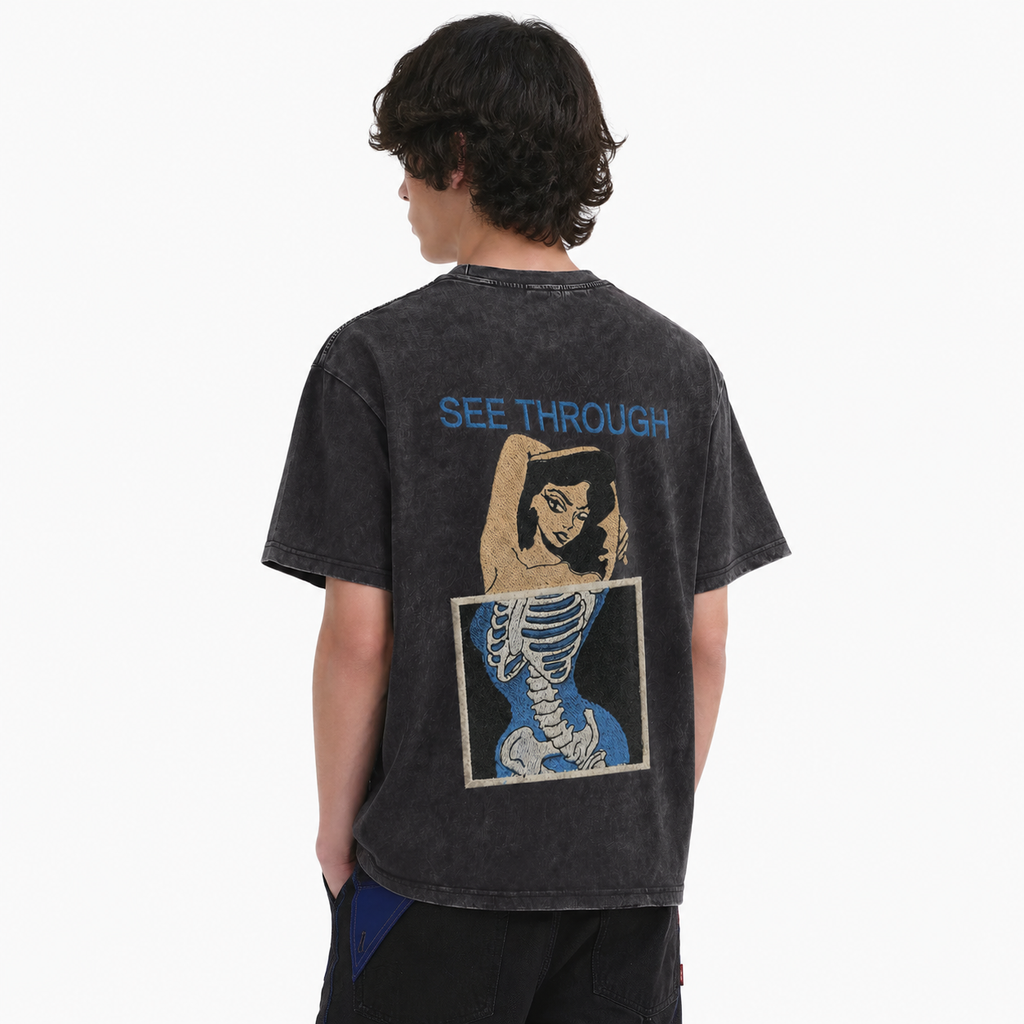 LAWLESSROW See Through Pinup Skeleton Embroidery Vintage Acid Wash Tee