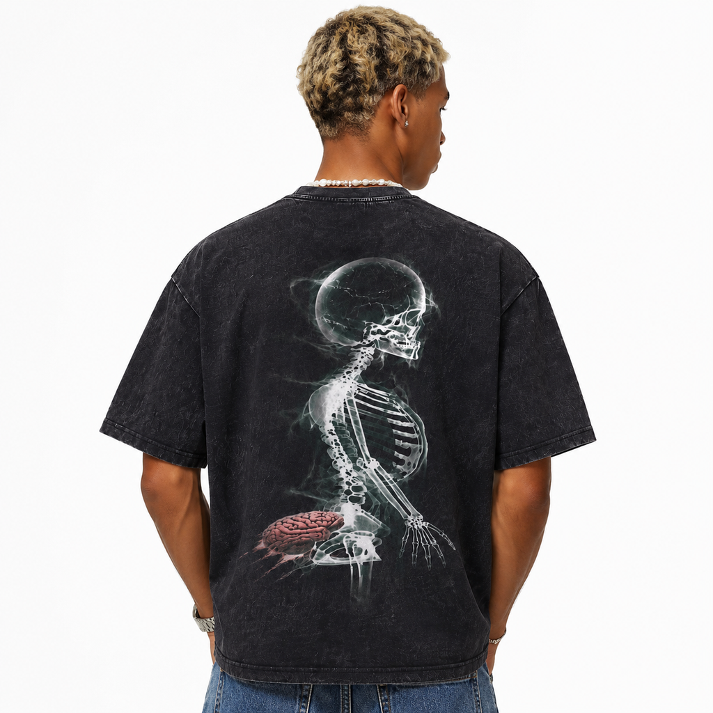 LAWLESSROW Misplaced Brain X-Ray Skeleton Vintage Acid Wash Tee