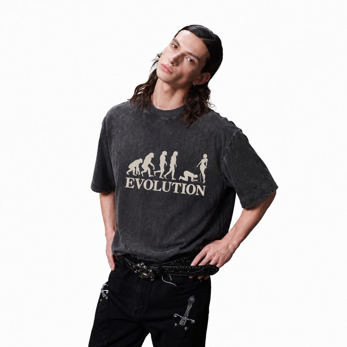 LAWLESSROW Evolution Parody Human Evolution Satire Vintage Acid Wash Tee