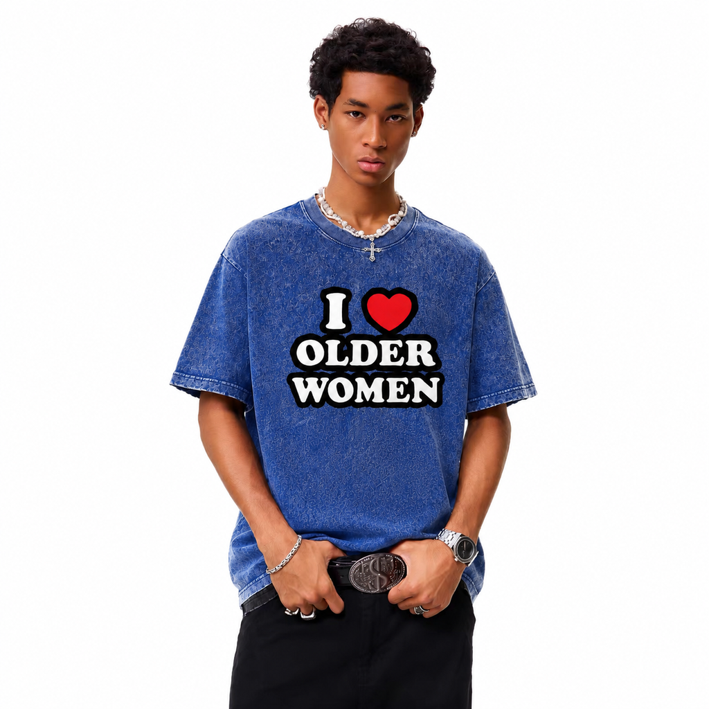 LAWLESSROW I Love Older Women Classic Heart Logo Vintage Acid Wash Tee