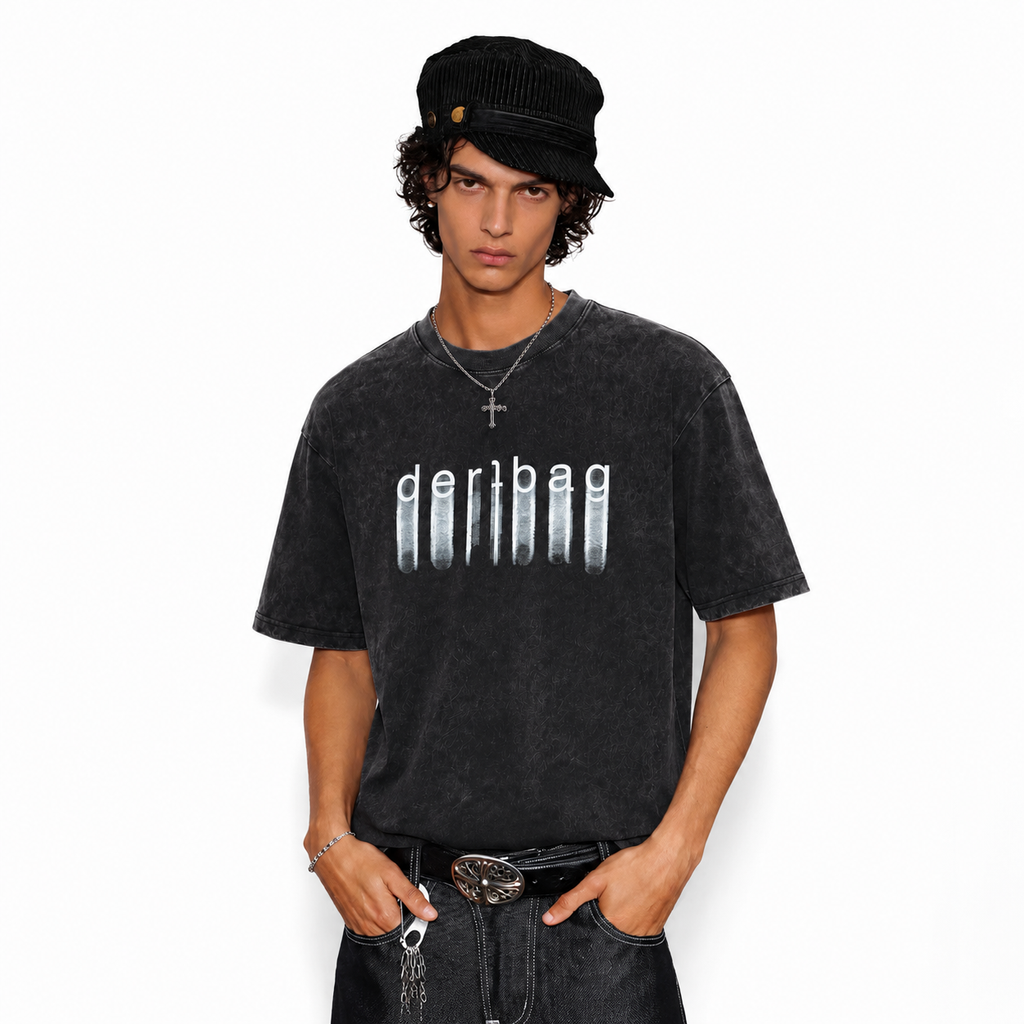 LAWLESSROW Dirtbag Vertical Glitch Typography Vintage Acid Wash Tee