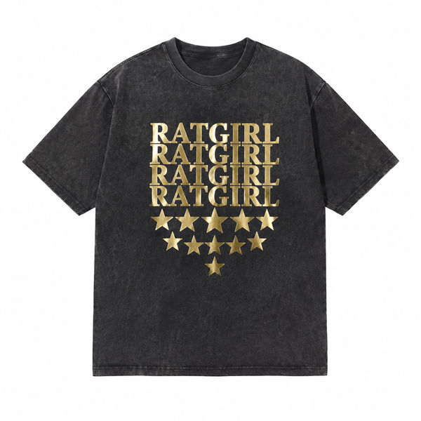 LAWLESSROW Ratgirl Stacked Text Star Vintage Acid Wash Tee