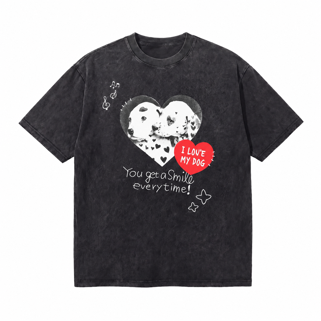LAWLESSROW I Love My Dog Dalmatian Heart Photo Vintage Acid Wash Tee