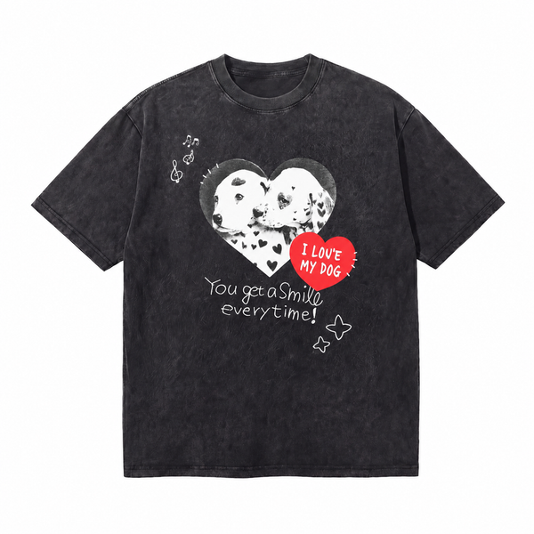 LAWLESSROW I Love My Dog Dalmatian Heart Photo Vintage Acid Wash Tee