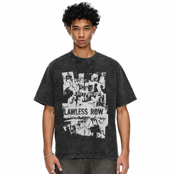 LAWLESSROW Punk Collage Vintage Poster Vintage Acid Wash Tee - hover