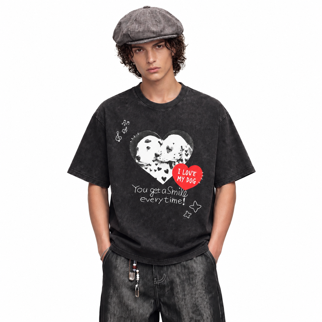 LAWLESSROW I Love My Dog Dalmatian Heart Photo Vintage Acid Wash Tee