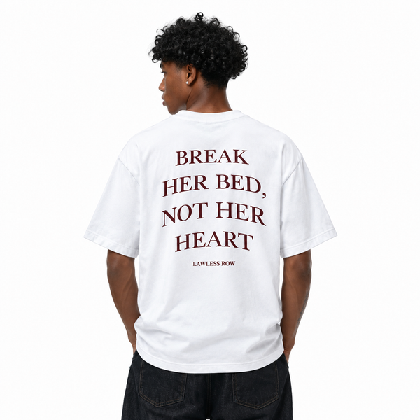 LAWLESSROW Break Her Bed Not Her Heart Serif Slogan Back Print Vintage Heavy Tee - hover