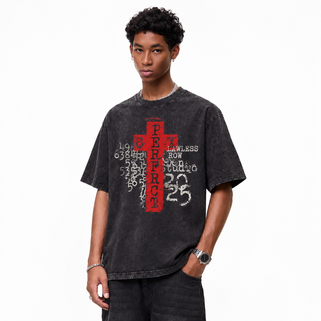 LAWLESSROW Perfect Cross Grunge Vintage Acid Wash Tee