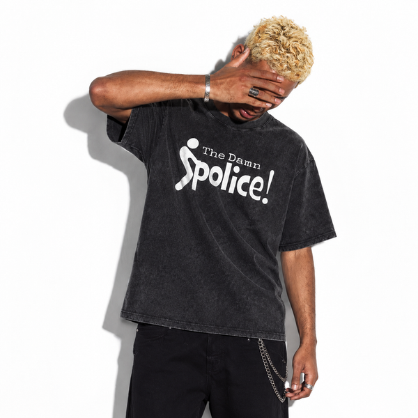 LAWLESSROW The Damn Police Stick‑Figure Vintage Acid Wash Tee - hover