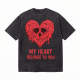 LAWLESSROW My Heart Belongs To You Skull Heart Vintage Acid Wash Tee