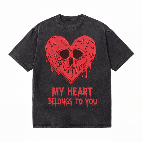 LAWLESSROW My Heart Belongs To You Skull Heart Vintage Acid Wash Tee