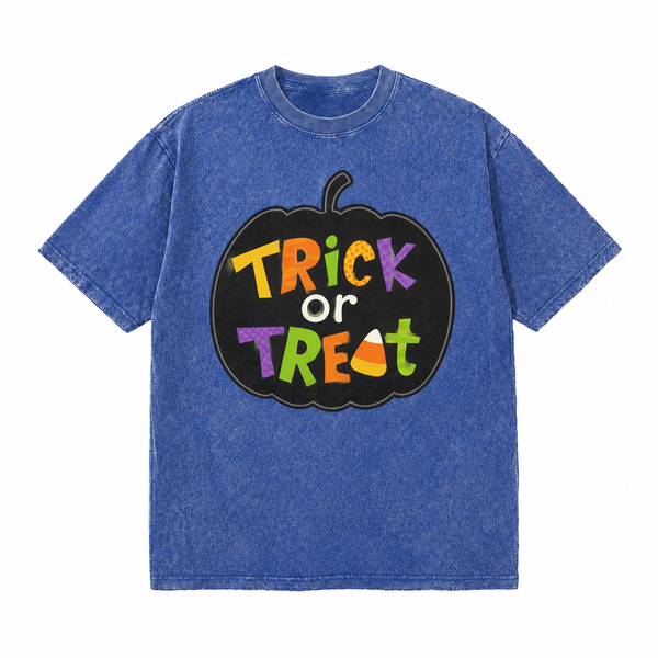 LAWLESSROW Trick Or Treat Colorful Pumpkin Vintage Acid Wash Te