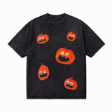 LAWLESSROW Hand Drawn Scattered Pumpkin Faces Vintage Acid Wash Tee