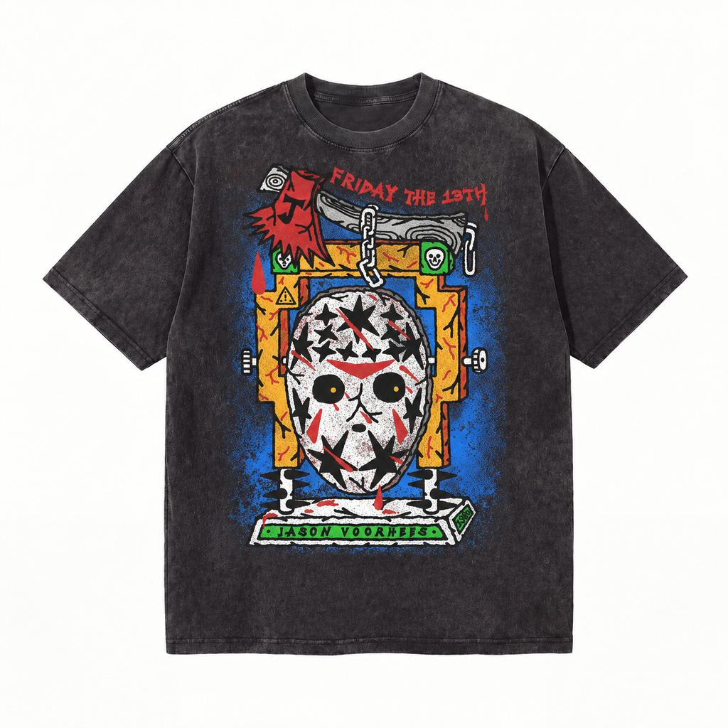 LAWLESSROW Friday The 13th Jason Mask Vintage Acid Wash Tee